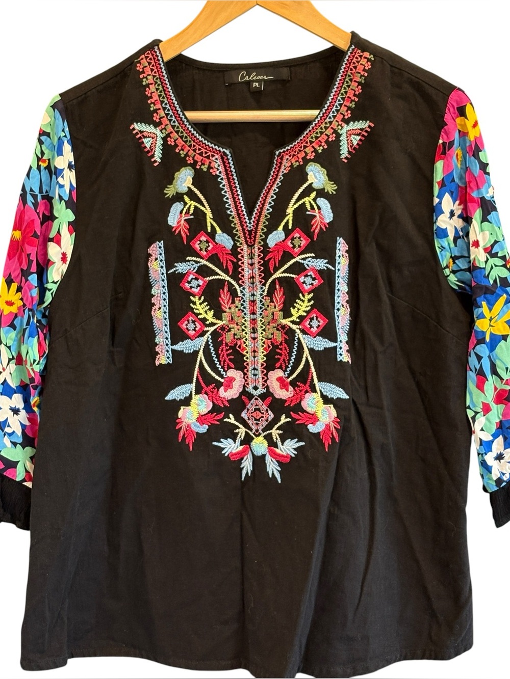 Calessa Embroidered Floral Shirt Blouse Size Petite Large Festival Boho